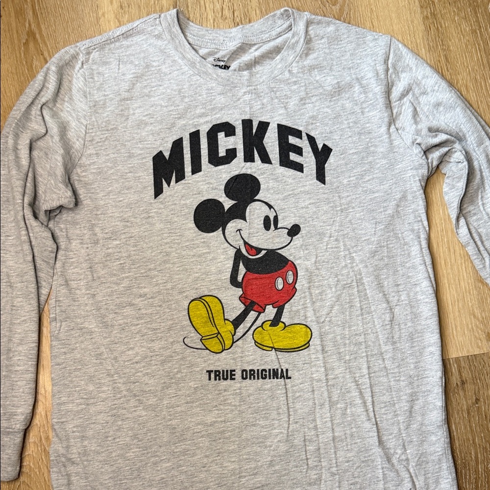 Disney Gray Long Sleeve Tee with Black, Red & Yellow Mickey Graphic
